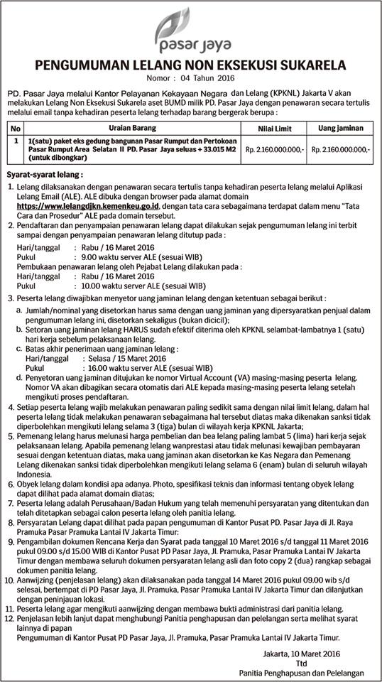 Contoh Iklan Pengumuman Lelang non Eksekusi Sukarela